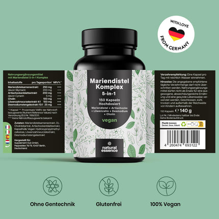 Milk Thistle Artichoke Dandelion Complex High Dose - 150 Capsules - 5-in-1 Liver Cure Complex with Milk Thistle + Artichoke + Dandelion + Desmodium + Choline - Vegan Laboratory Tested