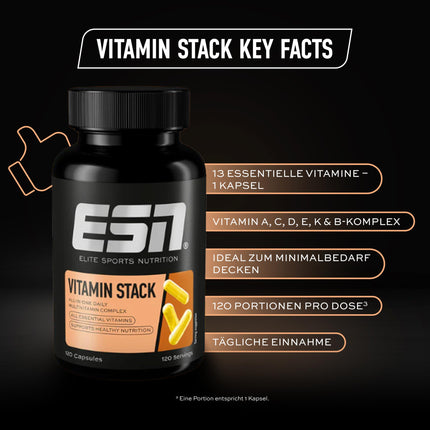 ESN Vitamin Stack, Multivitamin Capsules, 120 Capsules - 4-month supply, high dosage, 13 valuable vitamins in one capsule, only 1 capsule daily, made in Germany