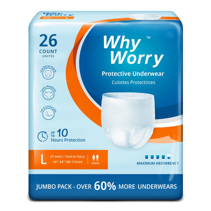 WhyWorry Incontinence Pants for Men and Women, Incontinence Briefs for Women and Men, Adult Disposable Diaper Pants, Overnight Leakage Protection, Odor Protection, Unisex, Size L, 26 Pack