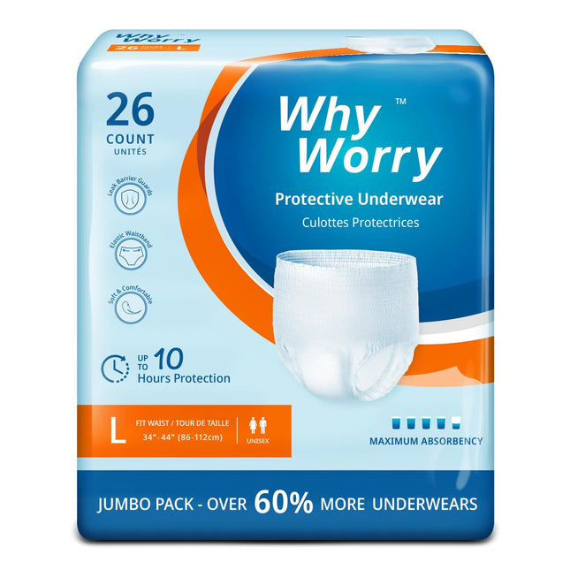 WhyWorry Incontinence Pants for Men and Women, Incontinence Briefs for Women and Men, Adult Disposable Diaper Pants, Overnight Leakage Protection, Odor Protection, Unisex, Size L, 26 Pack