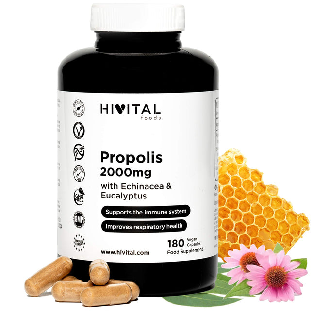 Propolis 2000 mg. 180 vegan capsules for a 6-month course. Extracts of propolis with 10% galangin, echinacea with 4% polyphenols, and eucalyptus. Manufactured by HIVITAL