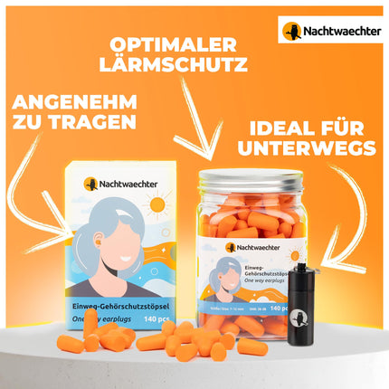 Nachtwaechter Earplugs for Sleeping 140 Pieces – Disposable Earplugs 38dB for Peaceful Sleep &amp; Against Snoring – Sleepbuds Ideal as Noise Protection for Travel &amp; Work