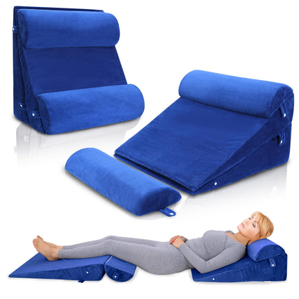 WDBBYL Bed Wedge Pillow Set, 4-Piece Sleeping Elevator Support for Post Surgery Recovery, Acid Reflux, GERD, Snoring, Washable Velvet Cover, Blue