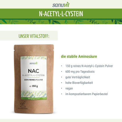 Sanuvit® - NAC Powder | 150g per sachet | 6-month supply | N-Acetyl-L-Cysteine ​​| High bioavailability and tolerability | Vegan | Made in Austria