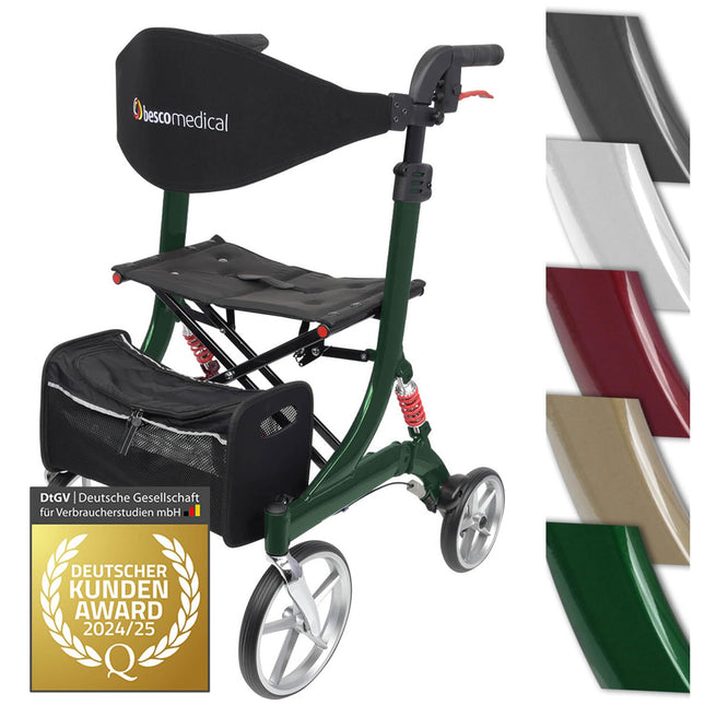 Lightweight Rollator Spring - Walking aid with comfortable suspension - height adjustable &amp; foldable - includes mesh pocket &amp; back strap - comfortable seat - foldable - Model S Jade Green