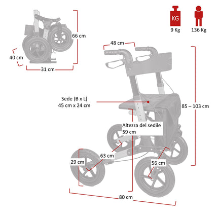 Antar travel rollator with pneumatic tires, folds multiple times for transport. AT51036