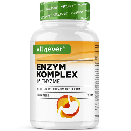 Digestive Enzymes - 180 Capsules with 16 Enzymes plus Betaine HCL, Rutin &amp; Gentian Root - With Bromelain, Papain, Amylase, Lipase, Protease, Lactase - Vegan - High Dosage