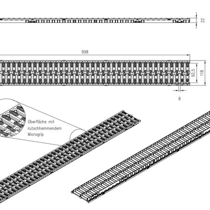 1m ACO Hexaline 2.0 drainage channel with Microgrip slatted grating, floor channel, terrace channel