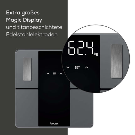 Beurer BF 500 diagnostic scale with Bluetooth and app, digital body fat scale with 180 kg load capacity, analytical scale for measuring body fat, muscle percentage, calorie needs, etc., XL display