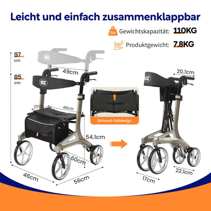 VOCIC Z71 Rollator foldable and lightweight with seat Waterproof aluminum rollator easy to fold for seniors Rollators lightweight and foldable special, puncture-proof all-terrain PU tires, green