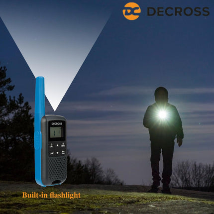 DC DECROSS 63 Walkie Talkie for Kids and Adults, 2-Pack Walkie Talkies up to 8 km, PMR446 16 Channels, VOX, Flashlight, IPX4, Gift for Boys and Girls Ages 5, 6, 7, 8, Hiking, Camping, Rechargeable Battery (Blue)