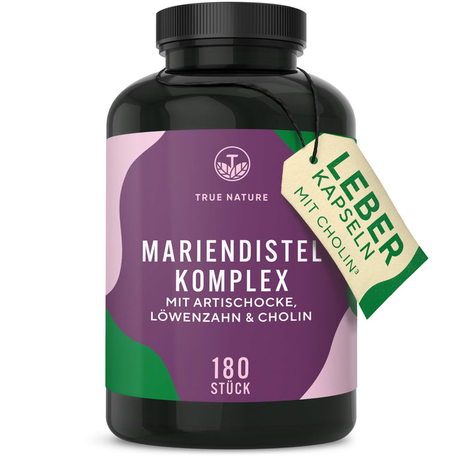 Milk Thistle Artichoke Dandelion Choline – 180 Capsules – 600 mg Milk Thistle Extract (480 mg Silymarin) – Supports the Liver with Choline* – With Herbal Bitters – Vegan – TRUE NATURE®