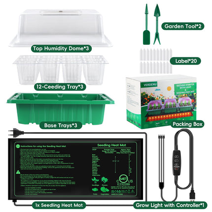 Verdenu Seed Indoor Propagator with Plant Lamp and Heat Mat, 3 Pack 36-Cell Growing Greenhouse with Humidity Dome, 3 Lighting Modes, 4 Dimming Levels, Reusable Propagator