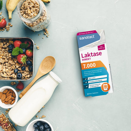 sanotact Lactase 7,000 DIRECT (90 mini lactase tablets) • Lactose tablets for every day • For lactose intolerance, lactose and milk intolerance • Quick to take without water