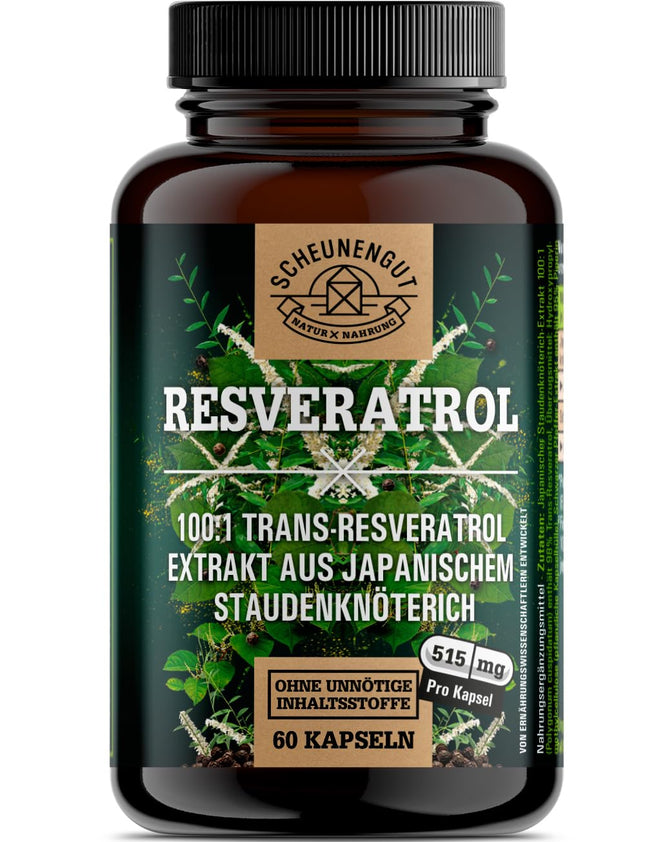 Resveratrol -1000mg per daily dose- IMPORTANT: 100:1 extract (=100000mg Japanese knotweed root) + piperine | 98% Trans-Resveratrol high dosage | Laboratory tested -DE- SCHEUNENGUT®