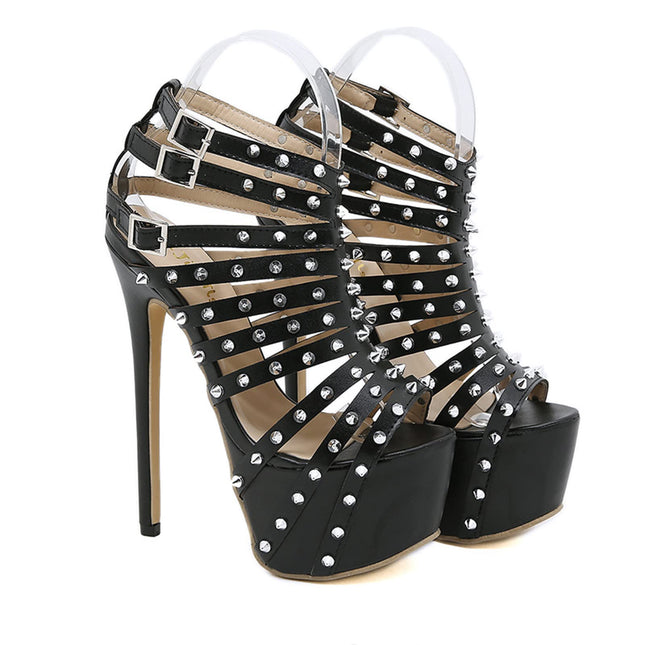 16CM/6.29IN Rivet Hollow Out Super High Heel Stiletto High Heels Sexy Pole Dance Striptease Shoes Party Prom Club,Black,40 EU