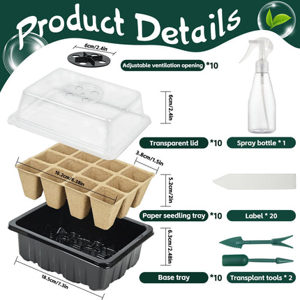 Ulikey 10 Pack Indoor Greenhouse Propagator, 120 Hole Mini Greenhouse Propagator with 20 Plant Labels and 2 Gardening Tools, Degradable Grow Pots with Lids, Ventilation for Seedling Plants (Black)