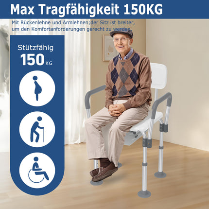 YRHome Height-adjustable aluminum toilet chair, shower chair with removable armrests and backrest, non-slip shower stool, up to 150 kg, for seniors, pregnant women, and people with limited mobility