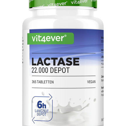 Lactase 22,000 Depot - 365 tablets with depot effect (Sepismart® Slow Release) - High dosage with 22,000 FCC units - For lactose and milk intolerance - No unwanted additives