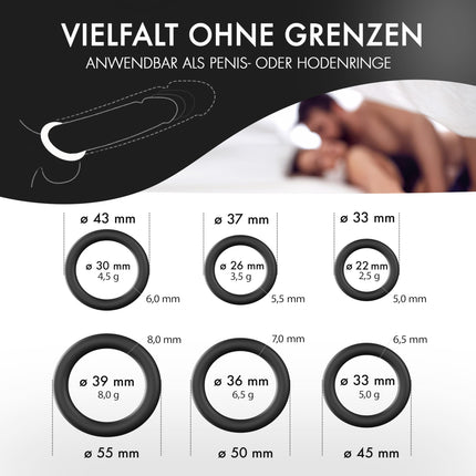 Liebesfreunde® Deluxe Cock Ring Set - 6 stretchy cock rings for harder erections, penis and testicle rings for men - Perfect fit, sex toy for couples, black