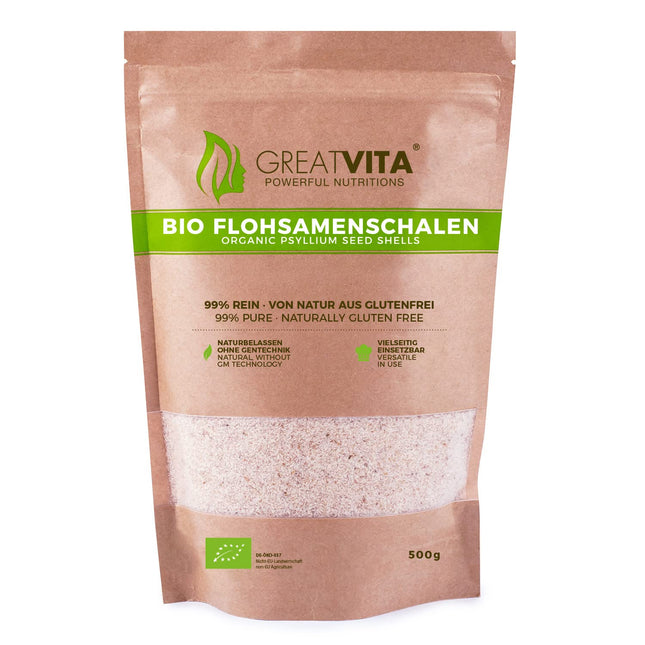 GreatVita Organic Psyllium Husks, 99% Pure, 500g Indian Psyllium Husks, High in Fiber, Powder