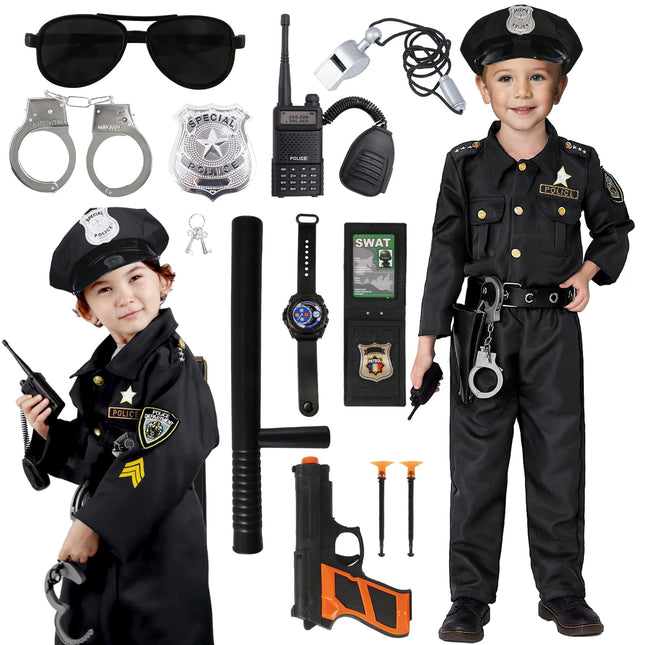 Police costume for children, carnival costumes for children, police uniform set, belt, hat, handcuffs, walkie-talkie for carnival, Halloween costume