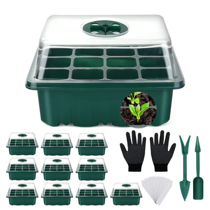 Flintronic 11-piece 132-cell indoor greenhouse propagator, mini greenhouse propagation set, greenhouse propagator with lid and ventilation, 40 plant markers, propagation tray for gardens and vegetable gardens