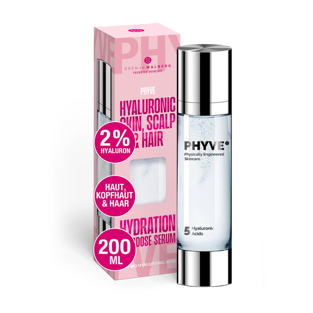 Hyaluronic Serum high-dose PHYVE 200 ml, VEGAN moisturizing serum for the face, MADE in GERMANY, with 2% pure, highly concentrated HYALURONIC OVERDOSE BOOSTER by Svenja Walberg