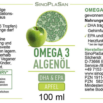 Premium Omega 3 Algae Oil | High Dosage | Natural DHA &amp; EPA for Heart, Brain &amp; Vision | Vegan | 100ml | 40-Day Supply | (Apple)