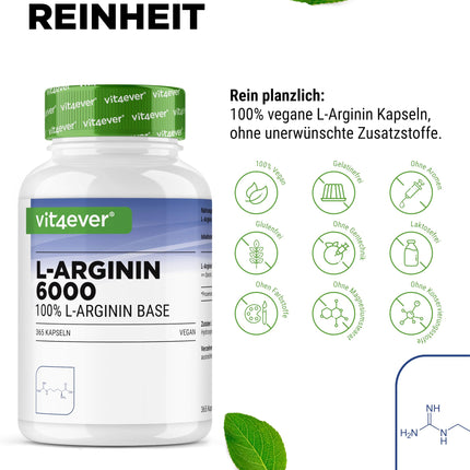 L-Arginine - 365 Capsules - 6000 mg pure L-Arginine per daily dose - Produced by plant fermentation - High dosage - No additives - Vegan