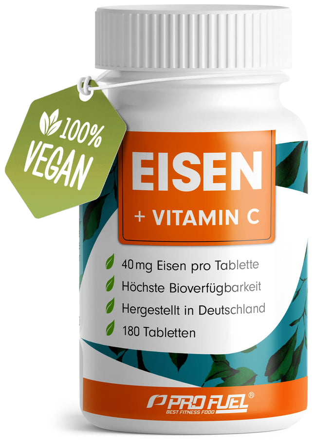 Iron tablets 180x with 40 mg iron + vitamin C (40 mg) from rose hips - VEGAN tablets with bioavailable, high-dose bisglycinate - without unwanted additives