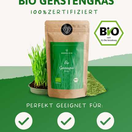 Organic Barley Grass Powder 500g | Finely ground barley grass powder | Certified organic quality | Perfect addition to smoothies, juices, golden milk, moon milk, etc. | Herzlich Natur