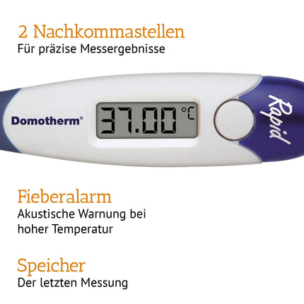 Domotherm Rapid - digital fever thermometer with 2 decimal places, memory, flexible tip, suitable for babies and children