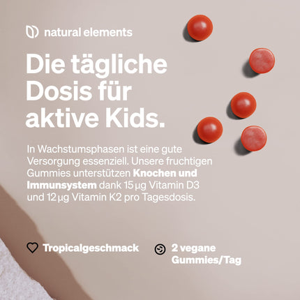 Vitamin D3 K2 Gummies KIDS – 120 fruity gummies – vegan, sugar-free – tropical flavor – branded raw material K2VITAL® – optimal dosage for children – produced in Germany &amp; laboratory-tested
