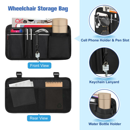 FINPAC Wheelchair Bag for Armrest - Wheelchair Bag with Bottle Holder and Reflective Stripes Wheelchair Bag for Walkers, Mobility Scooters, Rollators, (Black)