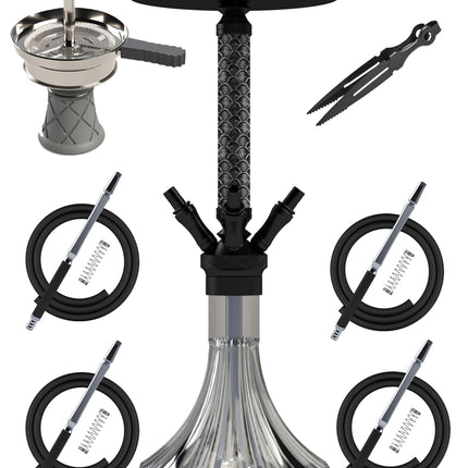 NOBLE HOOKAH Shisha Set 4 Connections With Leather Trim Shisha Head XL Shisha 4 Hose made of aluminum tube, Equipped with 4 silicone hoses and handle