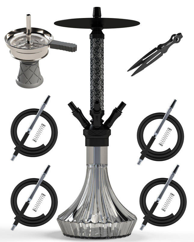 NOBLE HOOKAH Shisha Set 4 Connections With Leather Trim Shisha Head XL Shisha 4 Hose made of aluminum tube, Equipped with 4 silicone hoses and handle