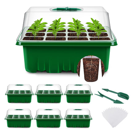 YAUNGEL Indoor Greenhouse Propagator, 6 Pack 72 Cells Mini Greenhouse Propagation Set Seedling Starter Trays Greenhouse Propagation Tray with Lid and Ventilation for Seedling Plant, Green
