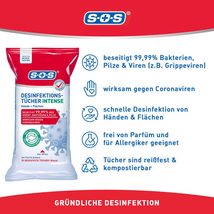 SOS Disinfectant Wipes INTENSE for hands and surfaces | biodegradable | eliminates 99.99% of bacteria, fungi, and viruses* (e.g., herpes, flu, and noroviruses) | 10x25