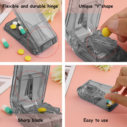 GeekerChip tablet splitter, pill splitter, medication splitter, for large and small tablets, medication splitter with storage compartment, divides pills precisely (black)