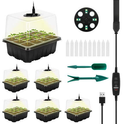 RIOGOO 6-Pack Seed Starter Tray with Grow Light, Timing Seed Starter Kit with Adjustable Brightness and Humidity, Greenhouse Germination Kit (12 x 6.72 Cells)