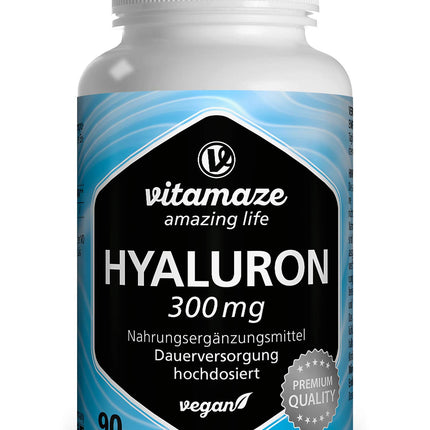 High-dose hyaluronic acid capsules, 300 mg per capsule, vegan, 3-month continuous supply, high bioavailability: low molecular weight 500-700 kDa, dietary supplement without additives, made in Germany