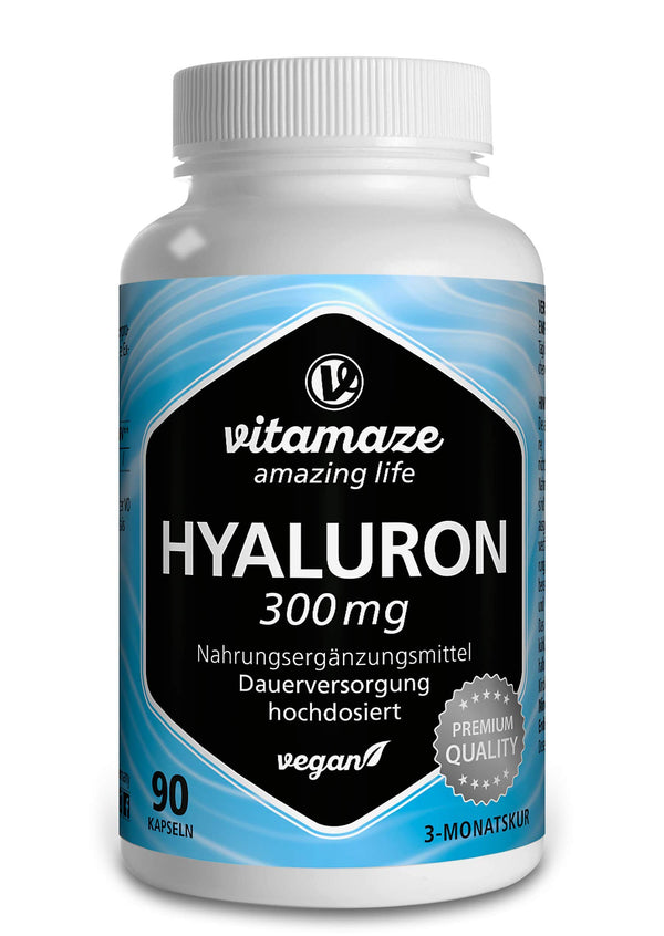 High-dose hyaluronic acid capsules, 300 mg per capsule, vegan, 3-month continuous supply, high bioavailability: low molecular weight 500-700 kDa, dietary supplement without additives, made in Germany