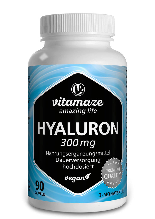 High-dose hyaluronic acid capsules, 300 mg per capsule, vegan, 3-month continuous supply, high bioavailability: low molecular weight 500-700 kDa, dietary supplement without additives, made in Germany