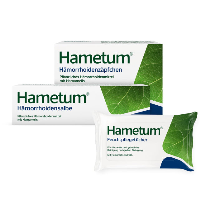 Hametum Hemorrhoid Set | 25g ointment | 10 suppositories and moist care wipes | herbal medicine with witch hazel | anti-inflammatory | relieves itching and burning | well-tolerated