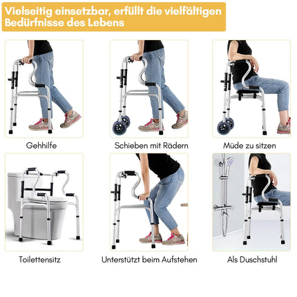 Eulenke walking aid for seniors, folding walking frame with 2 castors, walking aid for adults, height-adjustable walking frame made of aluminum, non-slip, stable walking frame up to 180 kg, silver