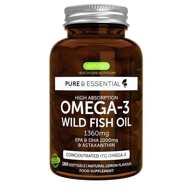 Igennus Highest Quality Omega-3 Wild Fish Oil &amp; Astaxanthin, Triglyceride Form rTG, 1360mg, EPA 670mg &amp; DHA 330mg Omega-3 Fatty Acids, Ultra Pure; Free from Environmental Toxins, Lemon Flavor, 180 Softgels