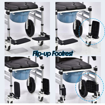 Generic Folding, padded bedside commode wheelchair for elderly and disabled people, Adjustable commode chair with wheels, fold-up armrests and fold-up footrest