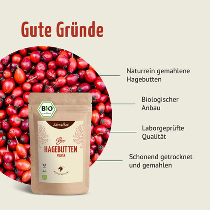 Organic rosehip powder 1000g | whole rosehip ground | fruity, sweet and spicy aroma | 100% organic rosehip powder in raw food quality | from Achterhof