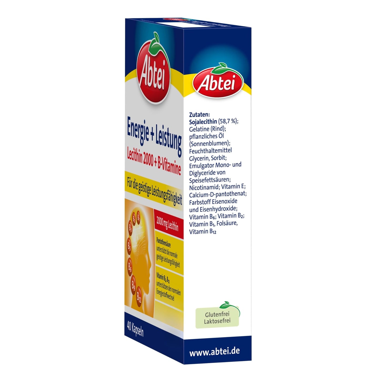 Abtei Energie + Leistung – 2000 mg Lecithin + 7 B-Vitamine - hochdosiert - Nahrungsergänzung für Konzentration und die geistige Leistungsfähigkeit - 1 x 40 Kapseln